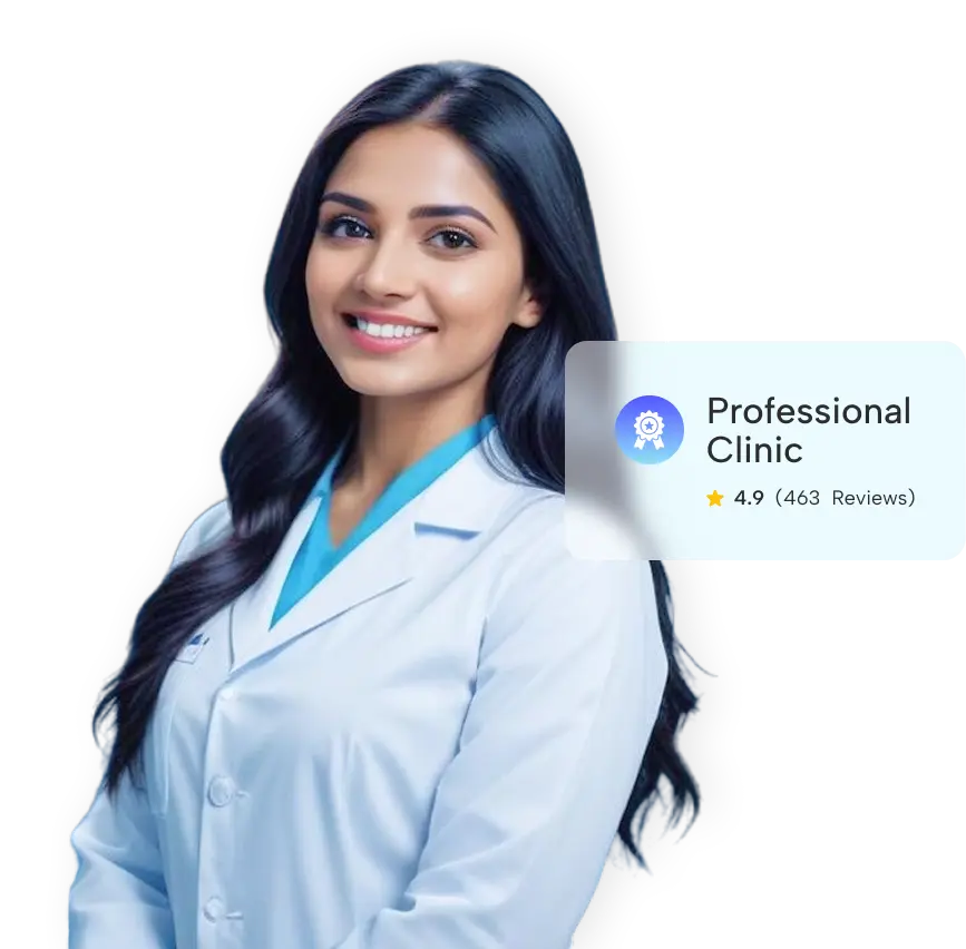 Smiling female dental professional in a white coat